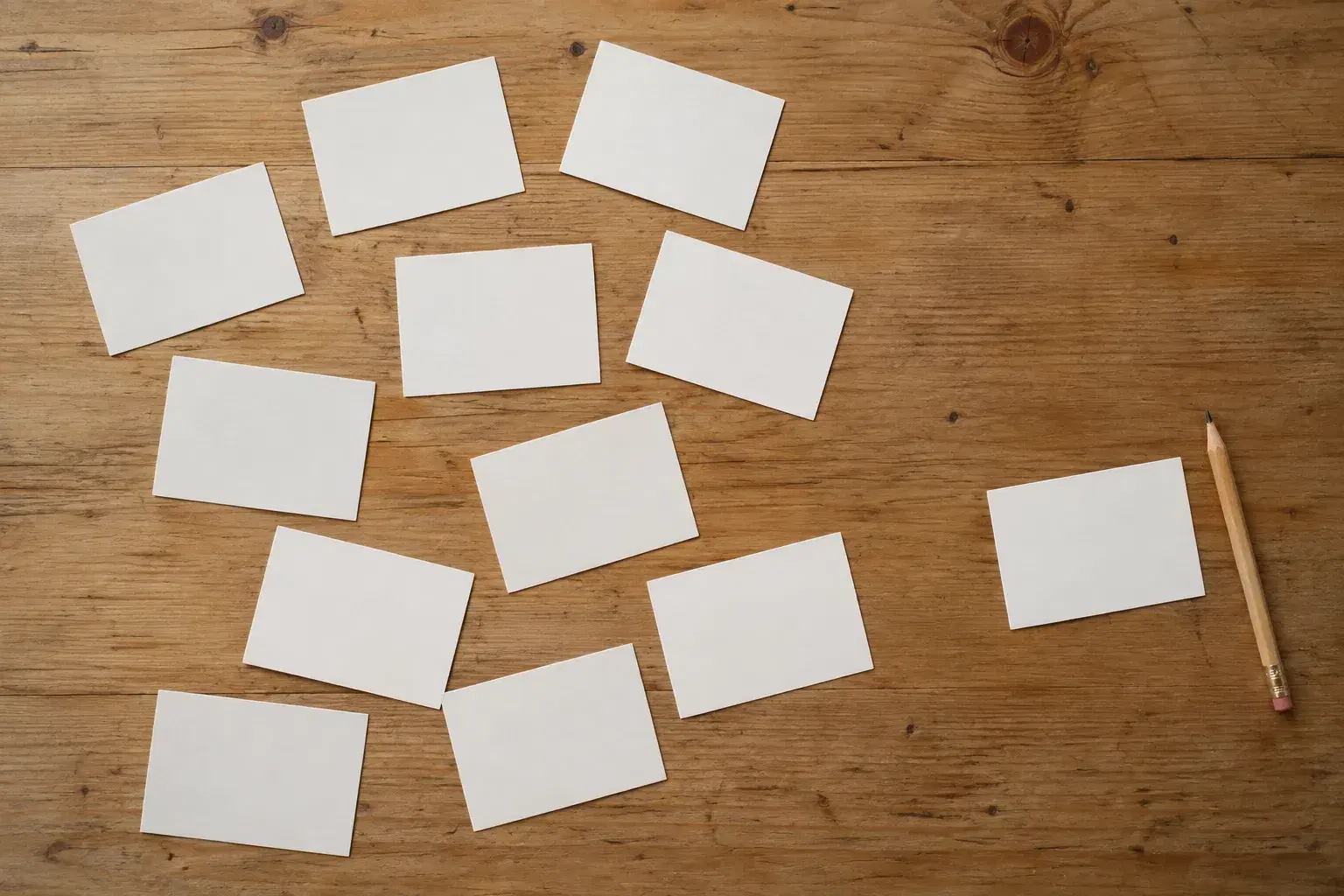Overhead view of index cards spread across a wooden table, with one card moved apart from the rest