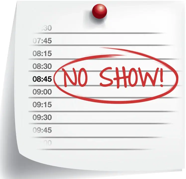 A paper appointment schedule with a red “NO SHOW!” note circled across the page.